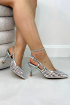 Kristallen Siren Slingback Court Heels in glanzend zilver 2