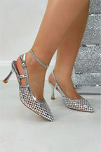 Kristallen Siren Slingback Court Heels in glanzend zilver 3
