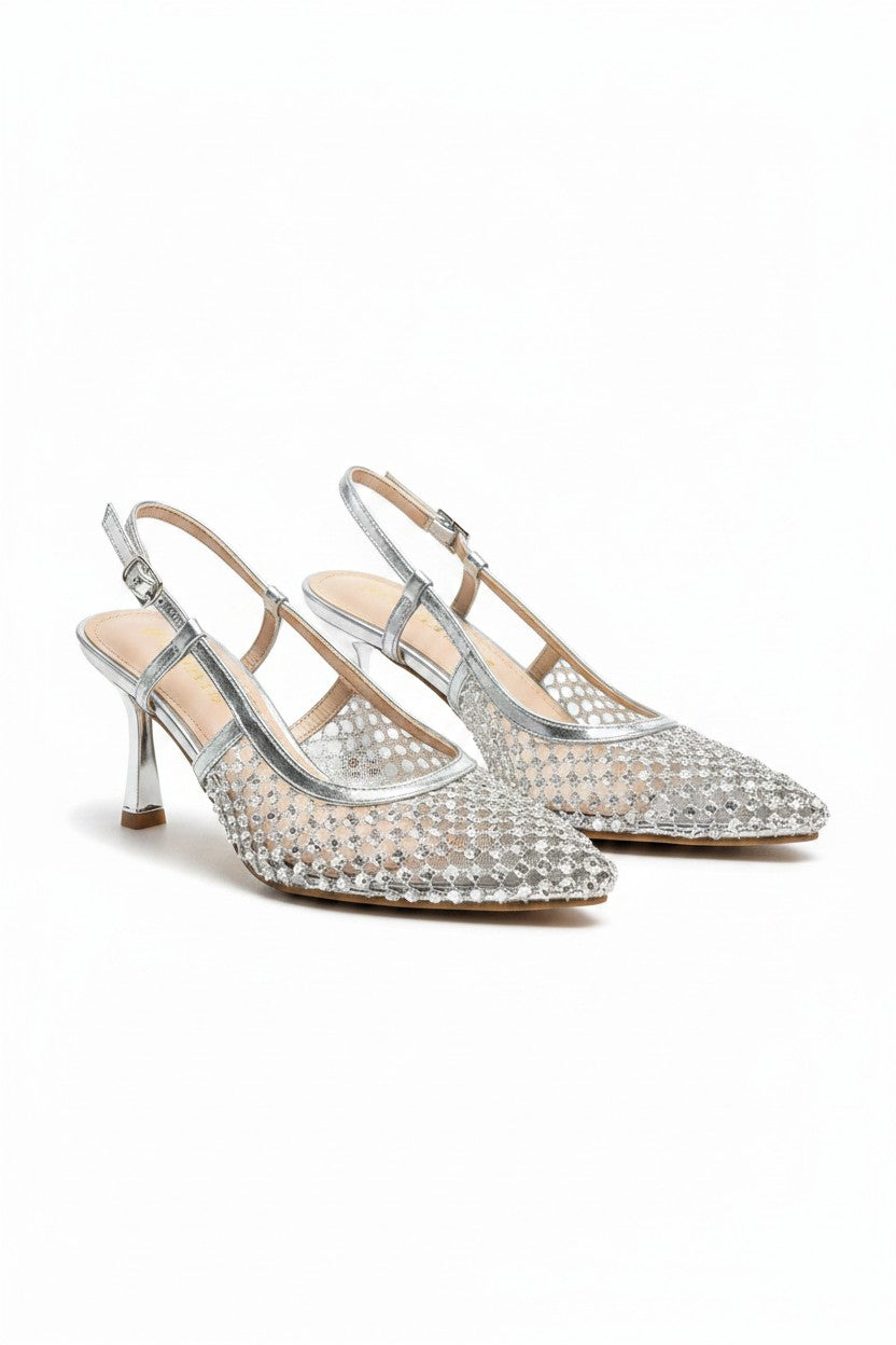 Kristallen Siren Slingback Court Heels in glanzend zilver 5