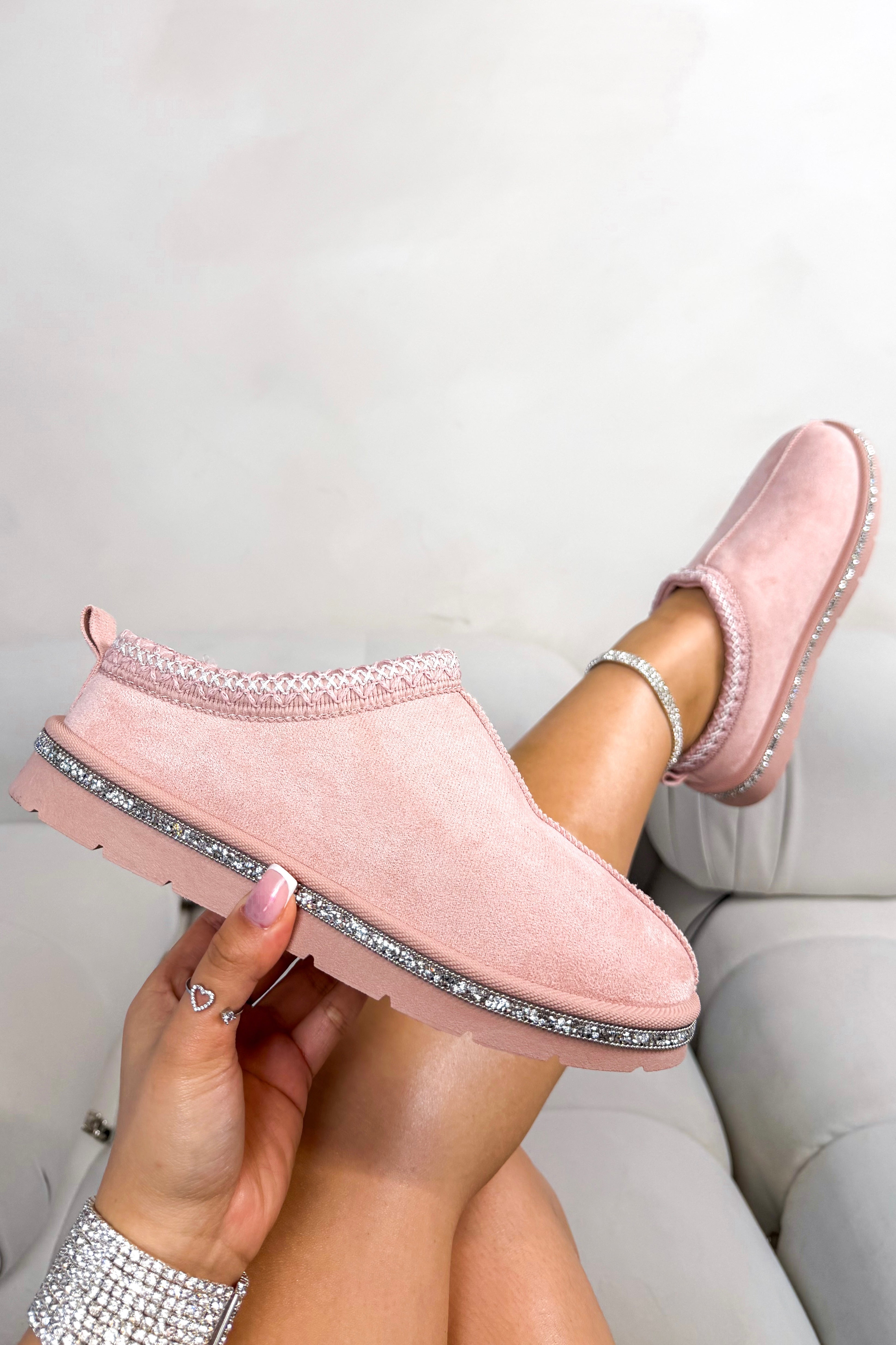 Kristallen Tazgirl Faux Fur Gevoerde Mule Klompslippers in Roze
