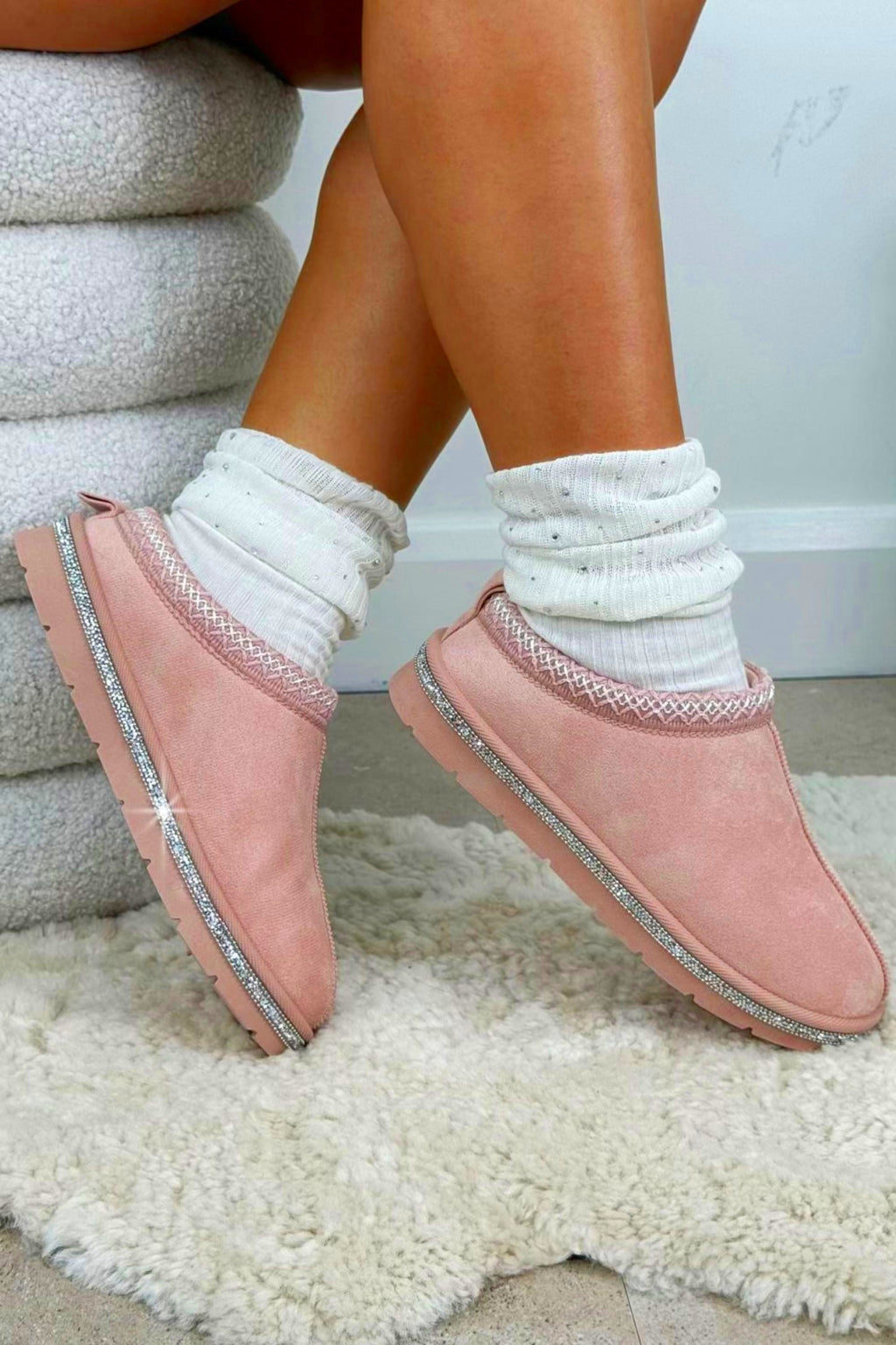 Kristallen Tazgirl Faux Fur Gevoerde Mule Klompslippers in Roze 2