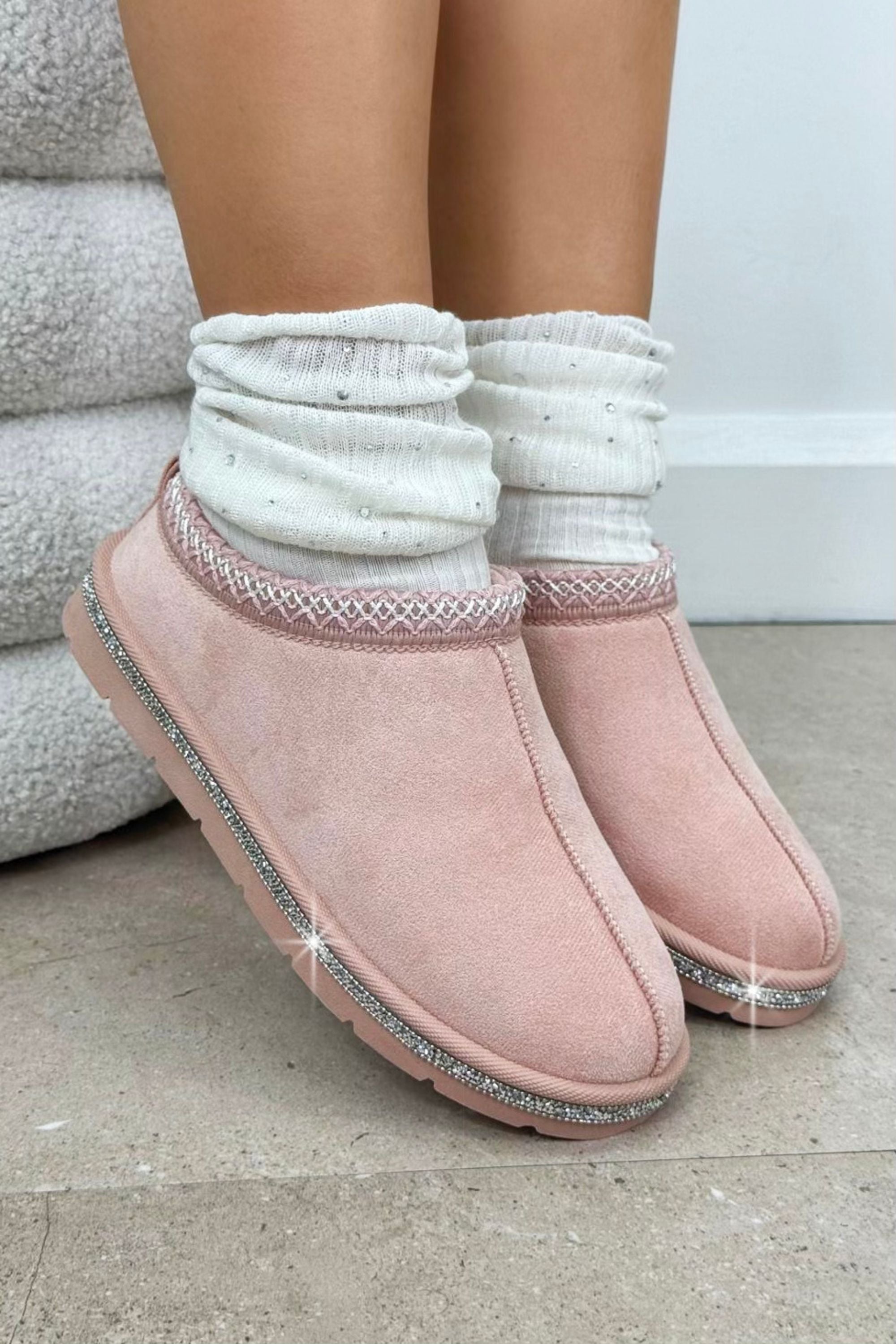 Kristallen Tazgirl Faux Fur Gevoerde Mule Klompslippers in Roze 3