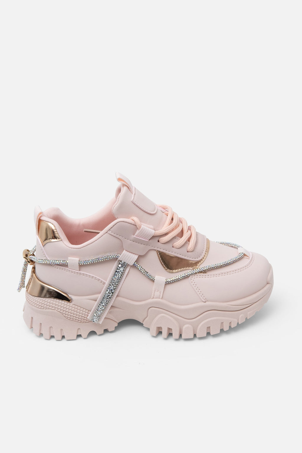 Kristallen Track Luxe Chunky Trainers in babyroze met sprankelende details. 4