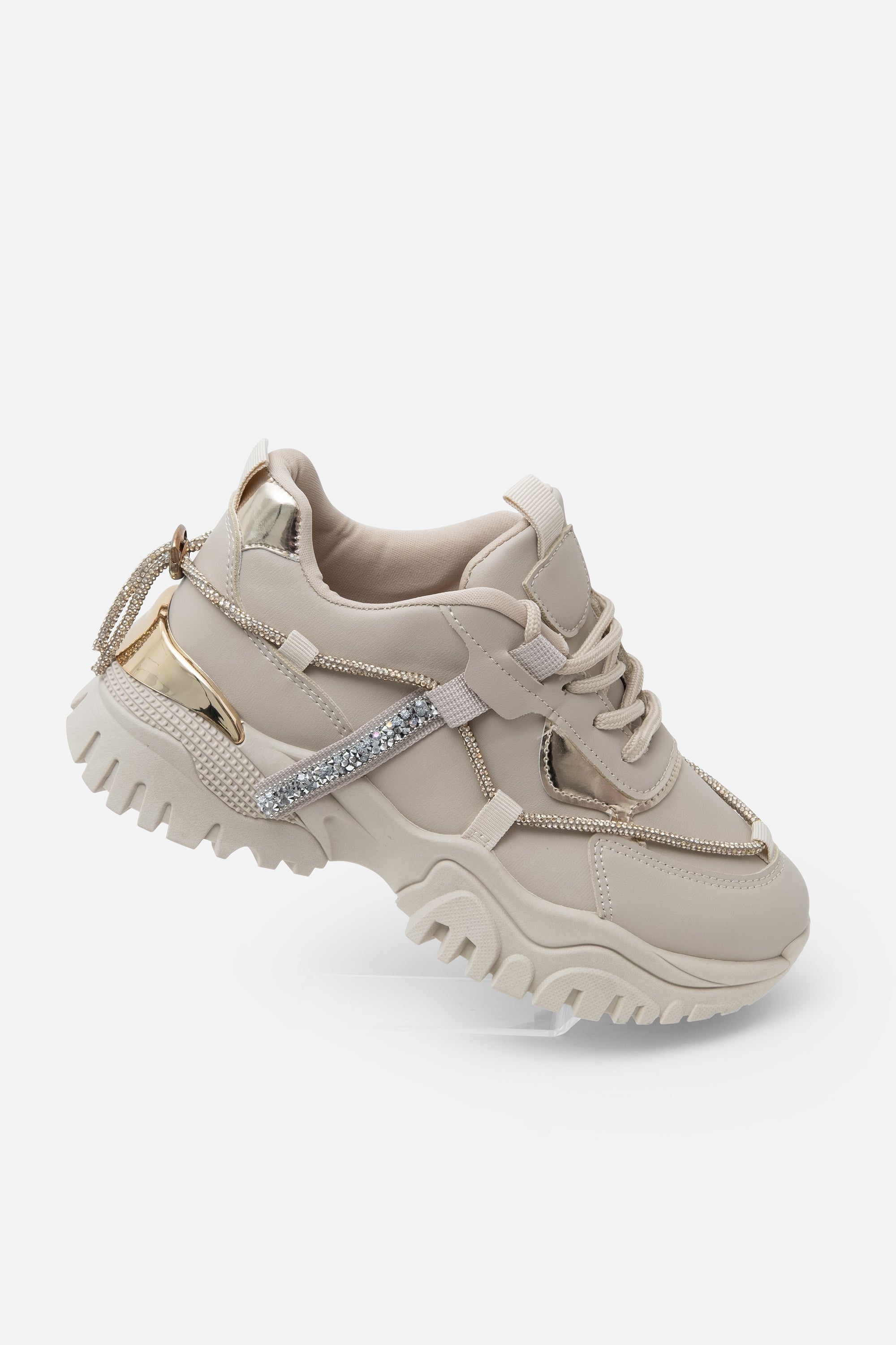 Kristallen Track Luxe Chunky Trainers in Beige met sprankelende details 3
