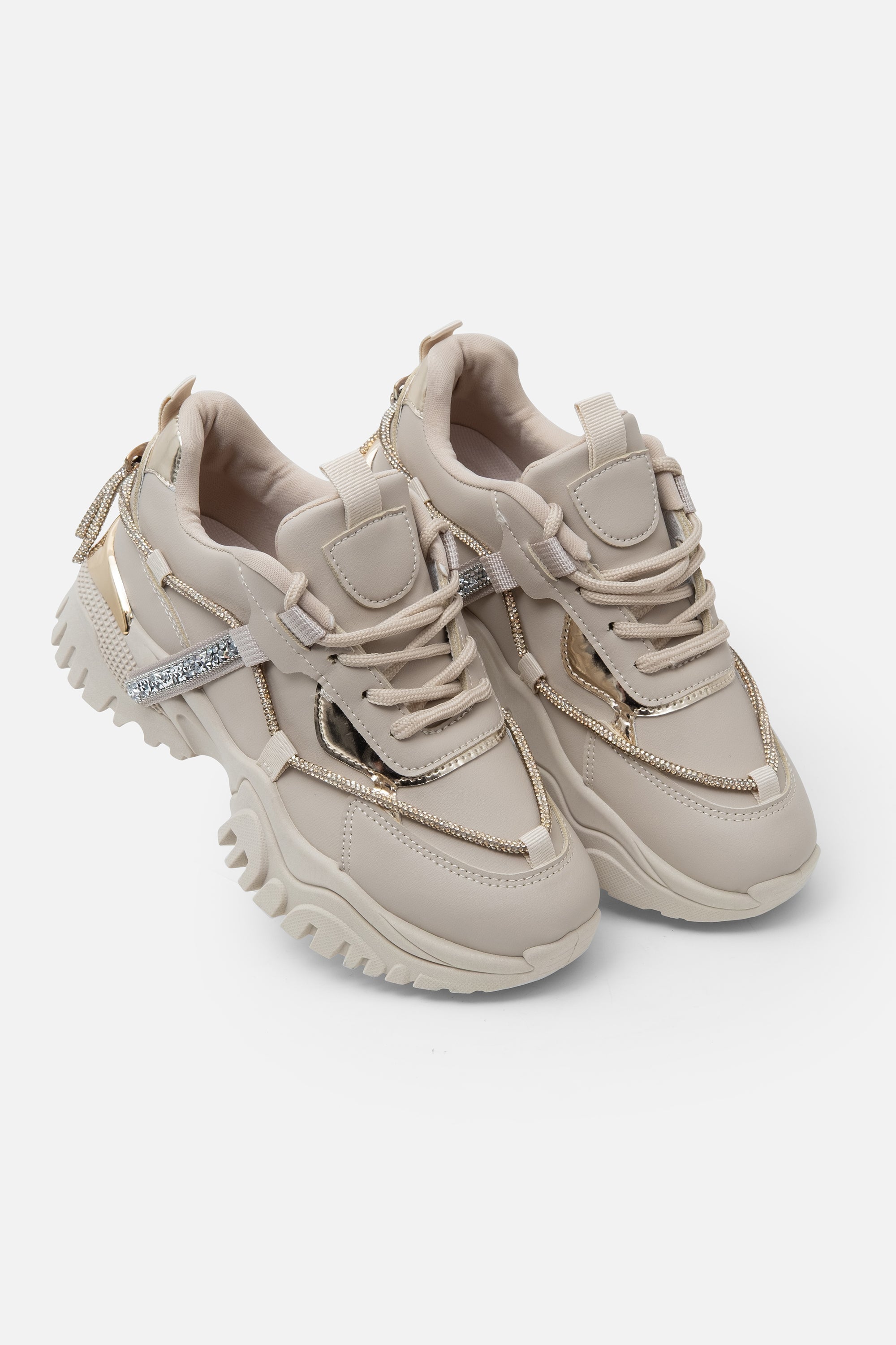 Kristallen Track Luxe Chunky Trainers in Beige met sprankelende details 4