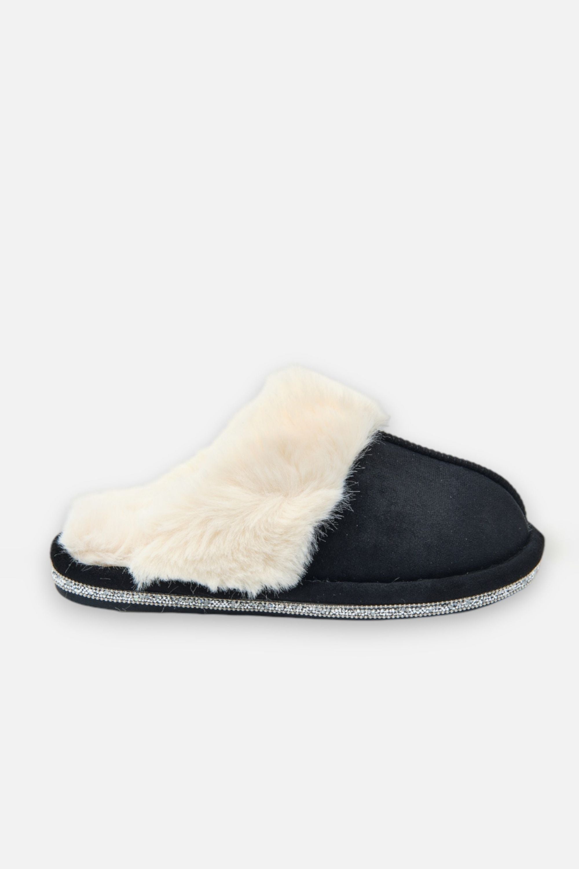 Kristallen trim gezellige slippers in zwart met faux fur 5