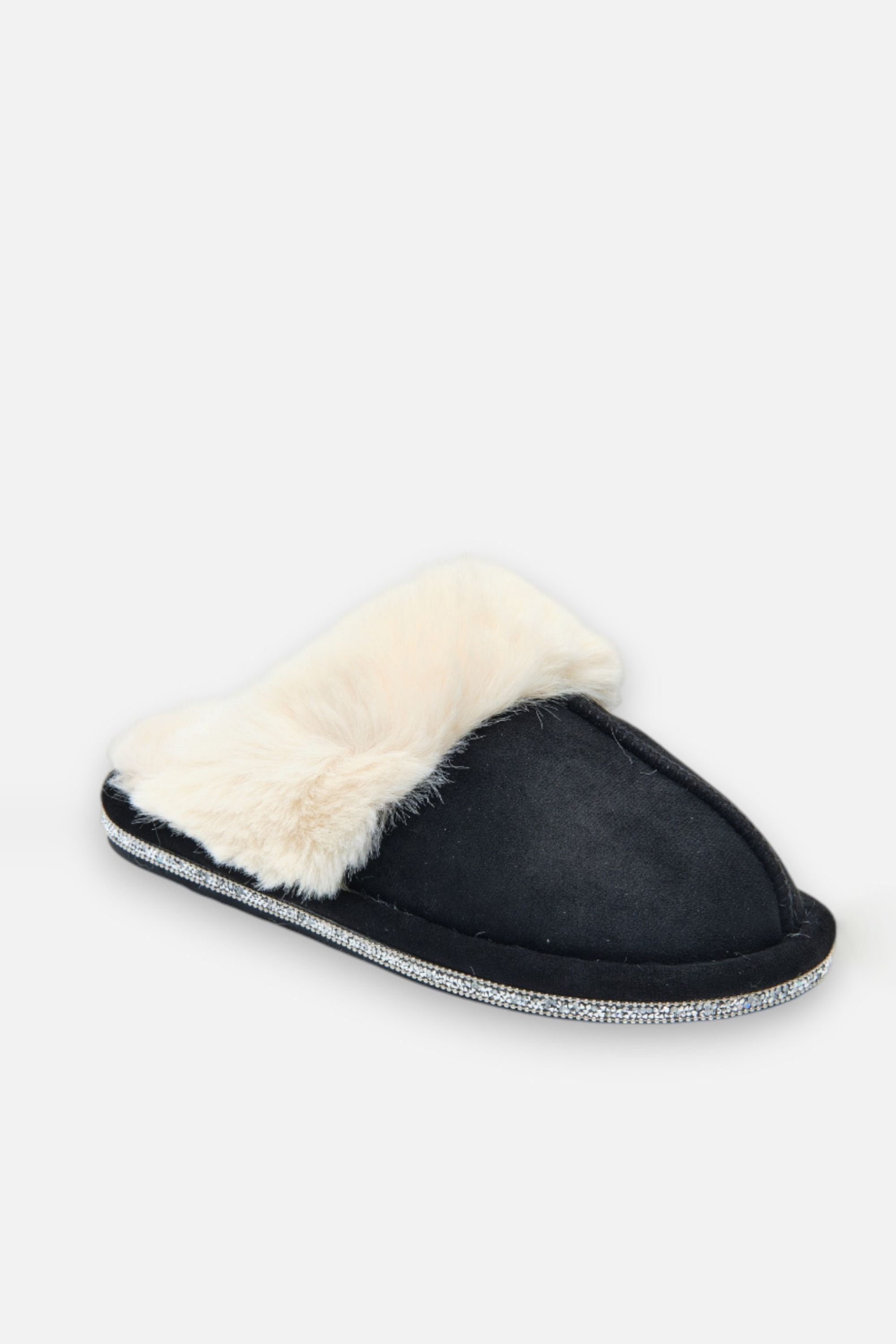 Kristallen trim gezellige slippers in zwart met faux fur 6