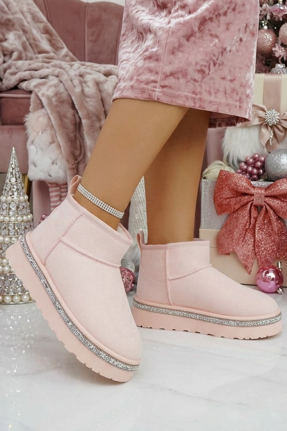 Kristallen Trim Platform Ultra Mini Snugg Boots in babyroze met glinsterende afwerking. 3