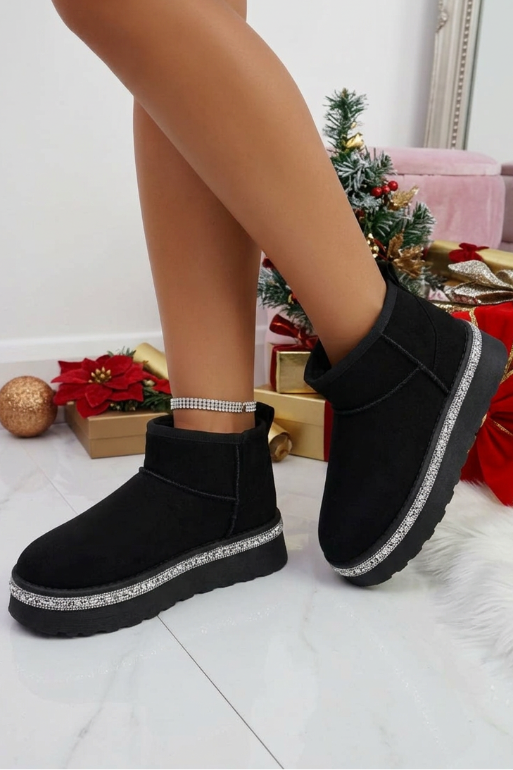 Glanzende kristallen trim platform ultra mini snugg boots in zwart 4