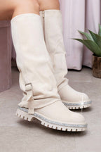 Trendy kristallen trim laarzen in nude kleur voor dames. 4