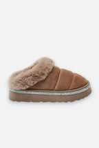 Comfortabele bruin kristallen trim slippers voor thuisgebruik. 4