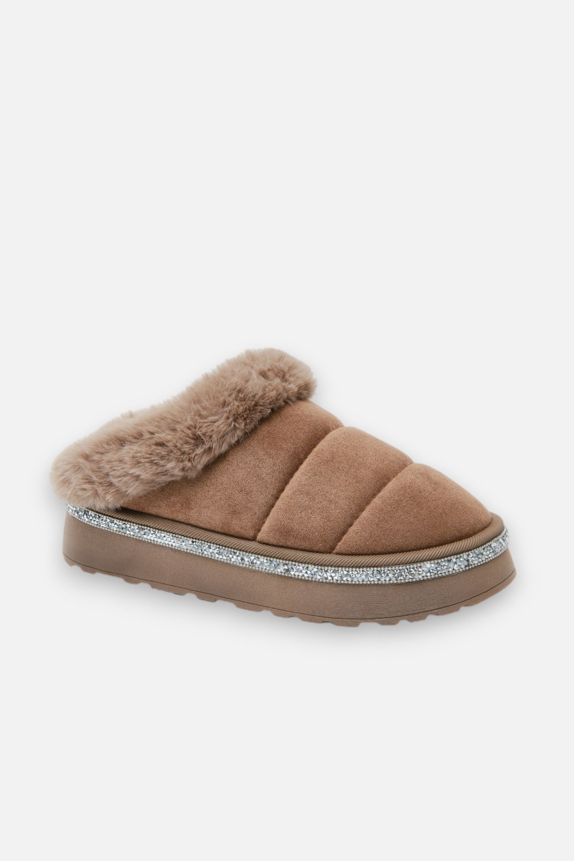 Comfortabele bruin kristallen trim slippers voor thuisgebruik. 5
