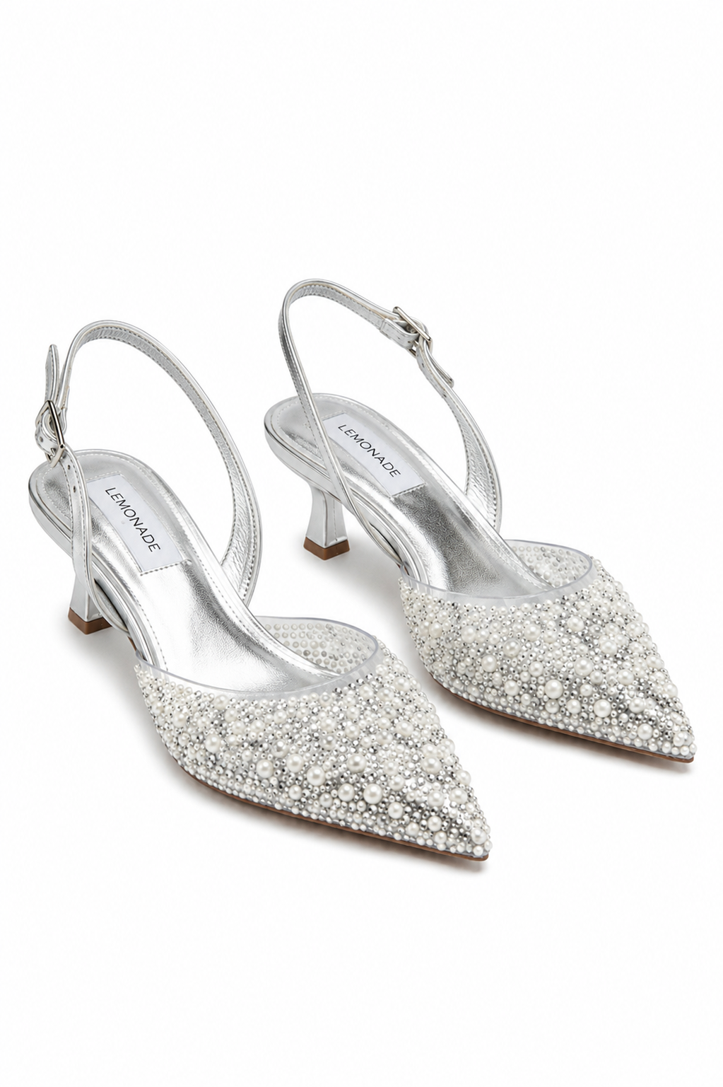 Elegante Kristalparel Avond Slingback Kitten Hakken in Zilver. 3