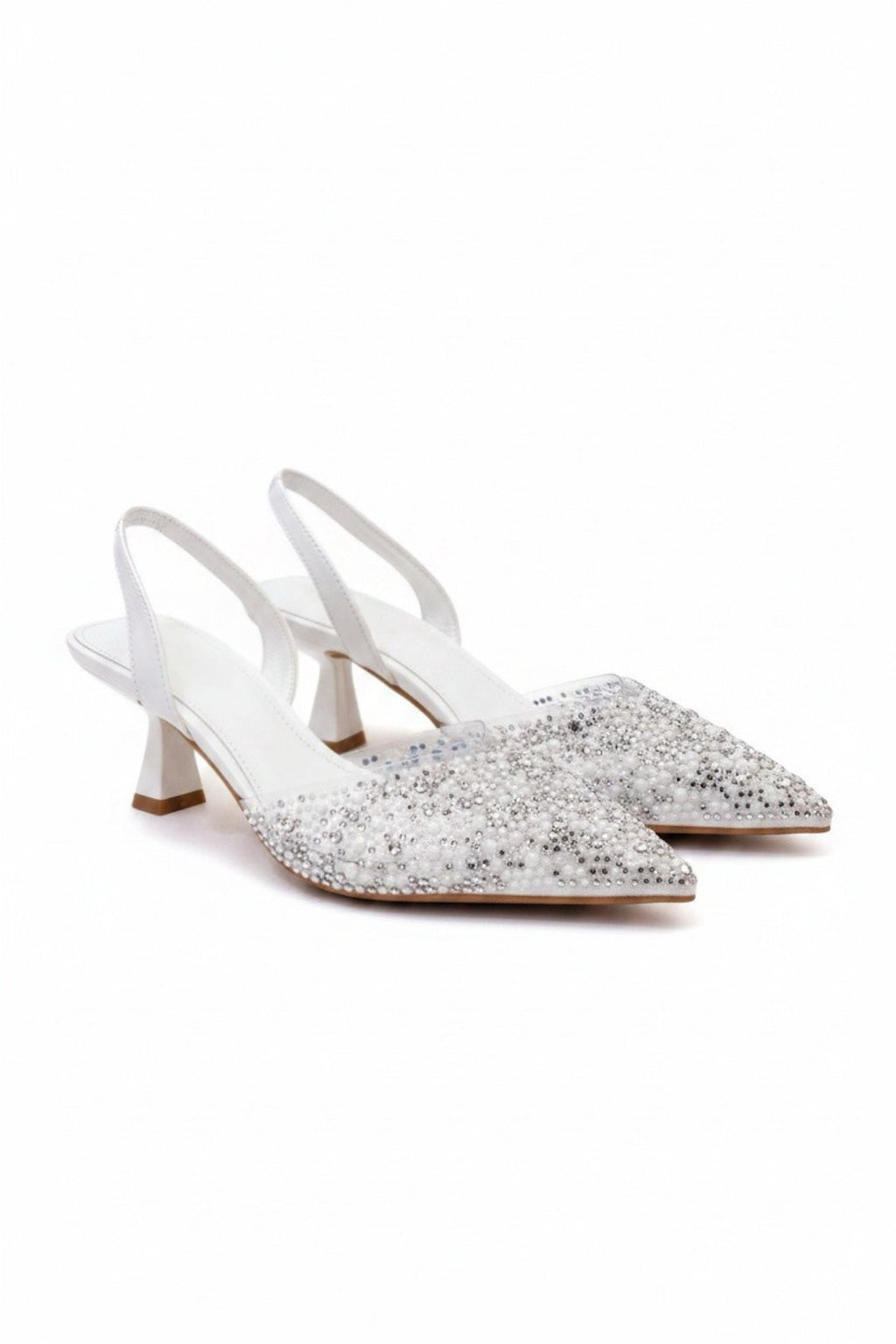 Elegante Kristalparel Avond Slingback Kitten Hakken in Wit. 3
