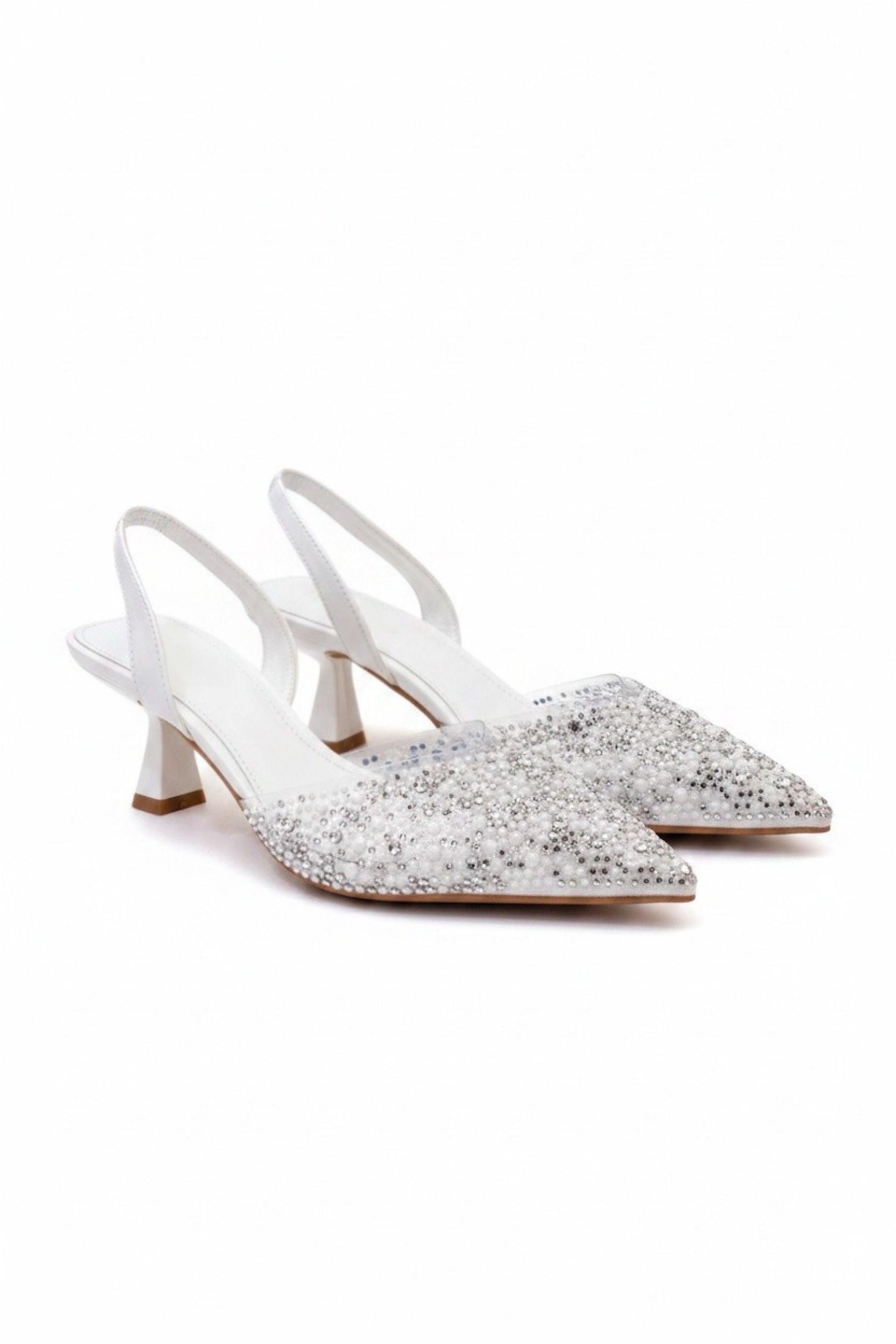 Elegante Kristalparel Avond Slingback Kitten Hakken in Wit. 3