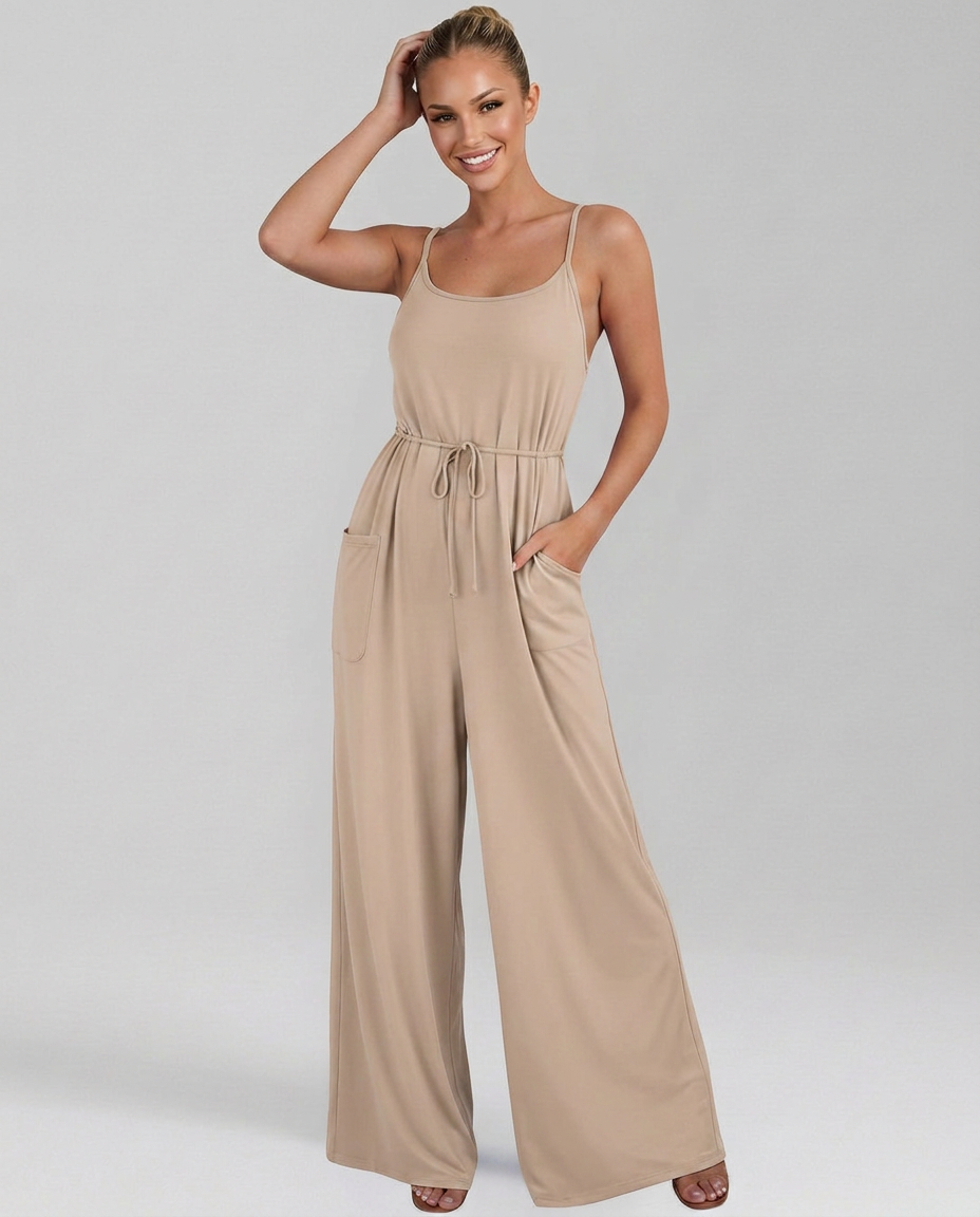 Myrna jumpsuit met wijde pijpen en aantrekkoord taille in bruin en beige. 4