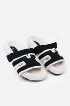 Luxe Snuggle Chic Slipper Sliders in zwart met faux schapenvacht 7