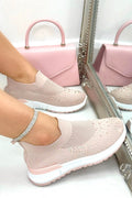 Glanzende stretch sok slip-on trainers in roze met kristallen versiering.