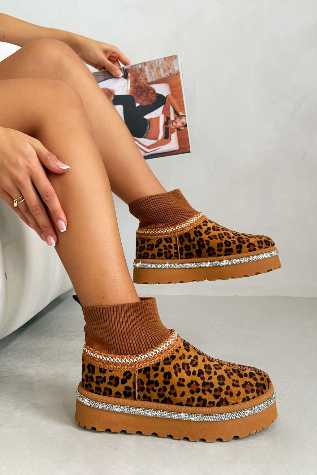 Sparkly Stretch Sock Warmer Mini Snugg Slipper Boots in Leopard print.