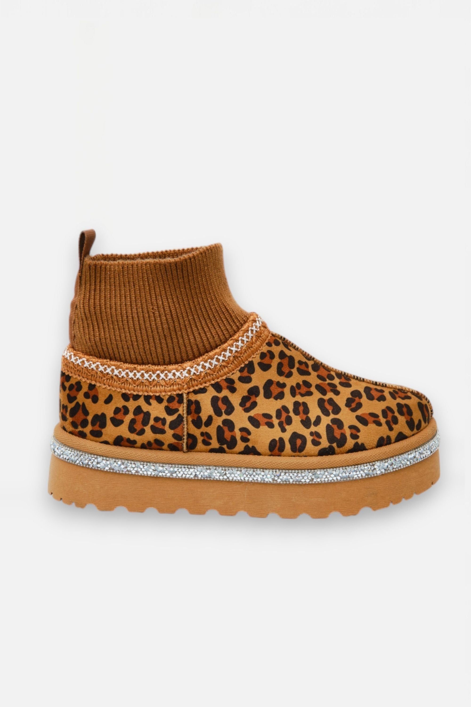 Sparkly Stretch Sock Warmer Mini Snugg Slipper Boots in Leopard print. 6
