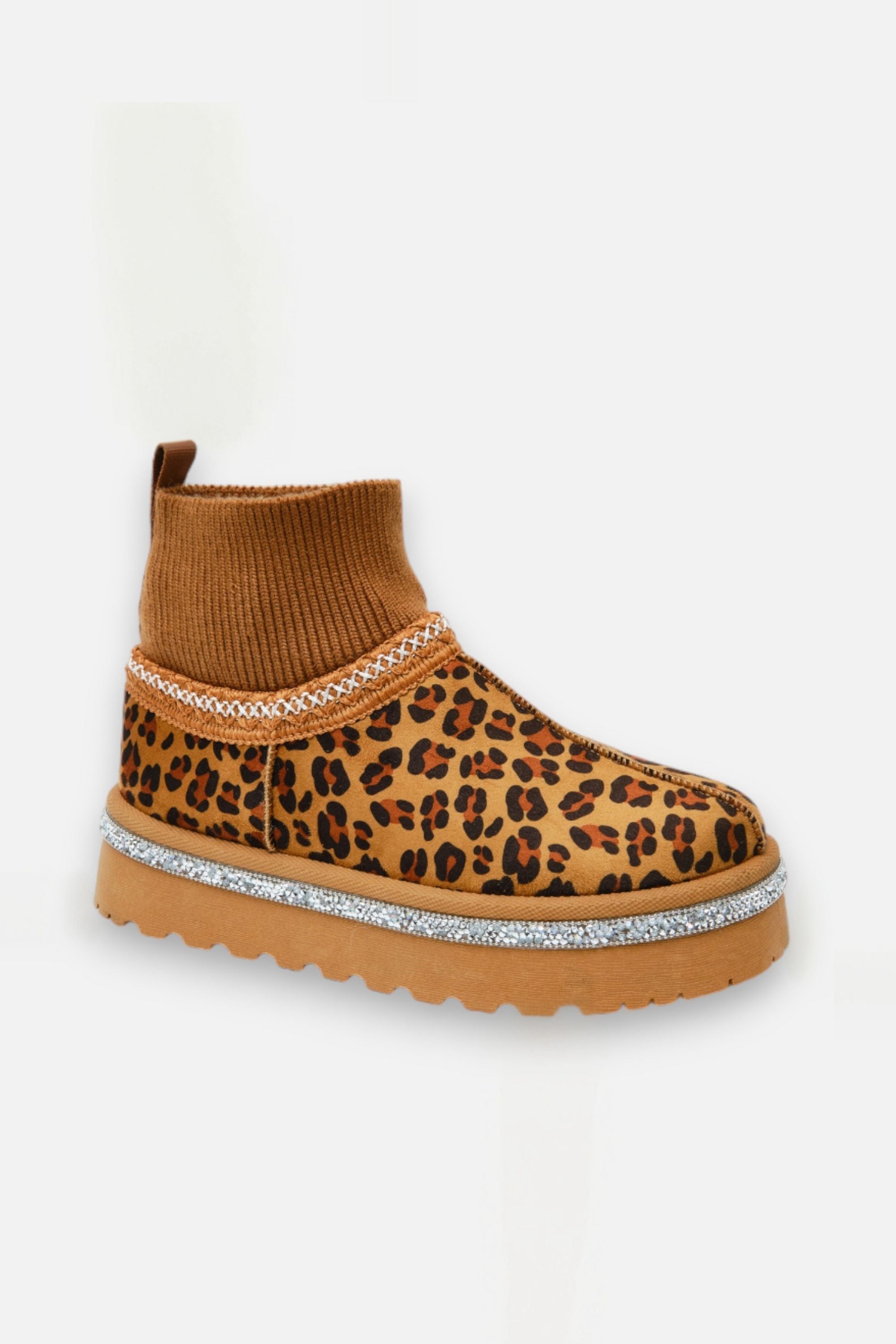 Sparkly Stretch Sock Warmer Mini Snugg Slipper Boots in Leopard print. 7