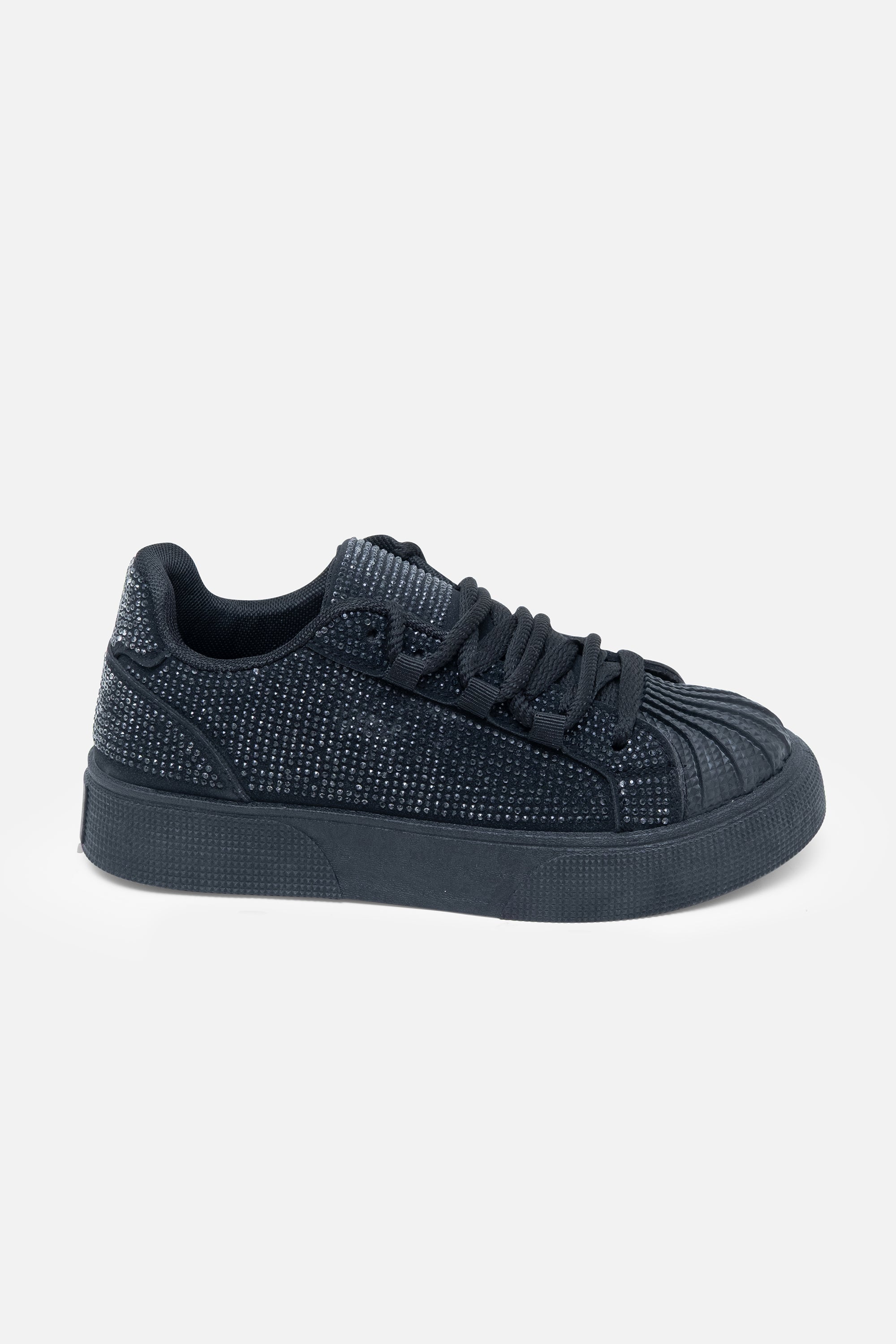 Sprankelende crystal trainers in zwart met dubbele veters en kristalversiering. 4