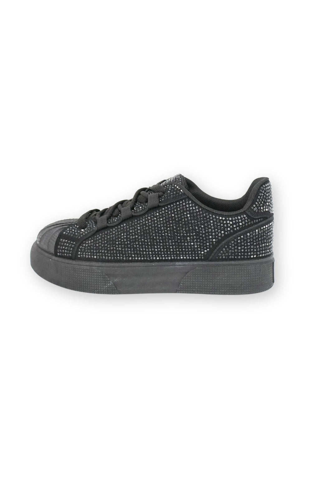 Sprankelende crystal trainers in zwart met dubbele veters en kristalversiering. 6