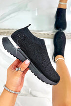 Sprankelende Elevate Sculpt Sole Stretch Slip On Trainers in zwart met kristalversieringen. 2