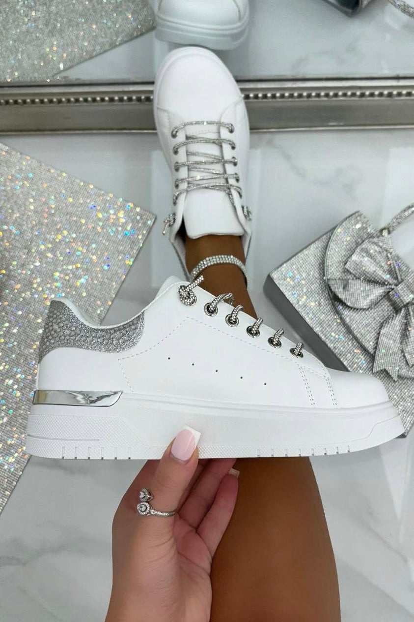 Sprankelende zilveren sneakers met glitter en veters 3