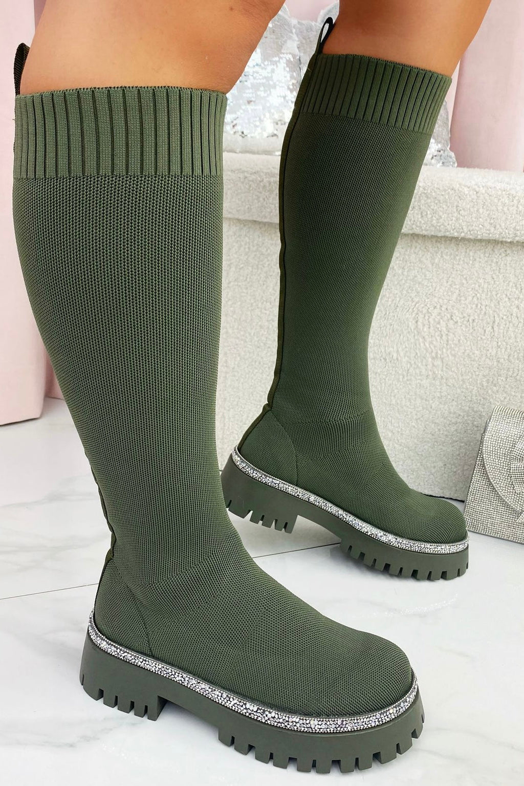 Sprankelende Kuit Stretch Soklaarzen in Khaki kleur 2
