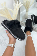 Sprankelende luxe snugg slippers in zwart met nepbont en kristallen rand.