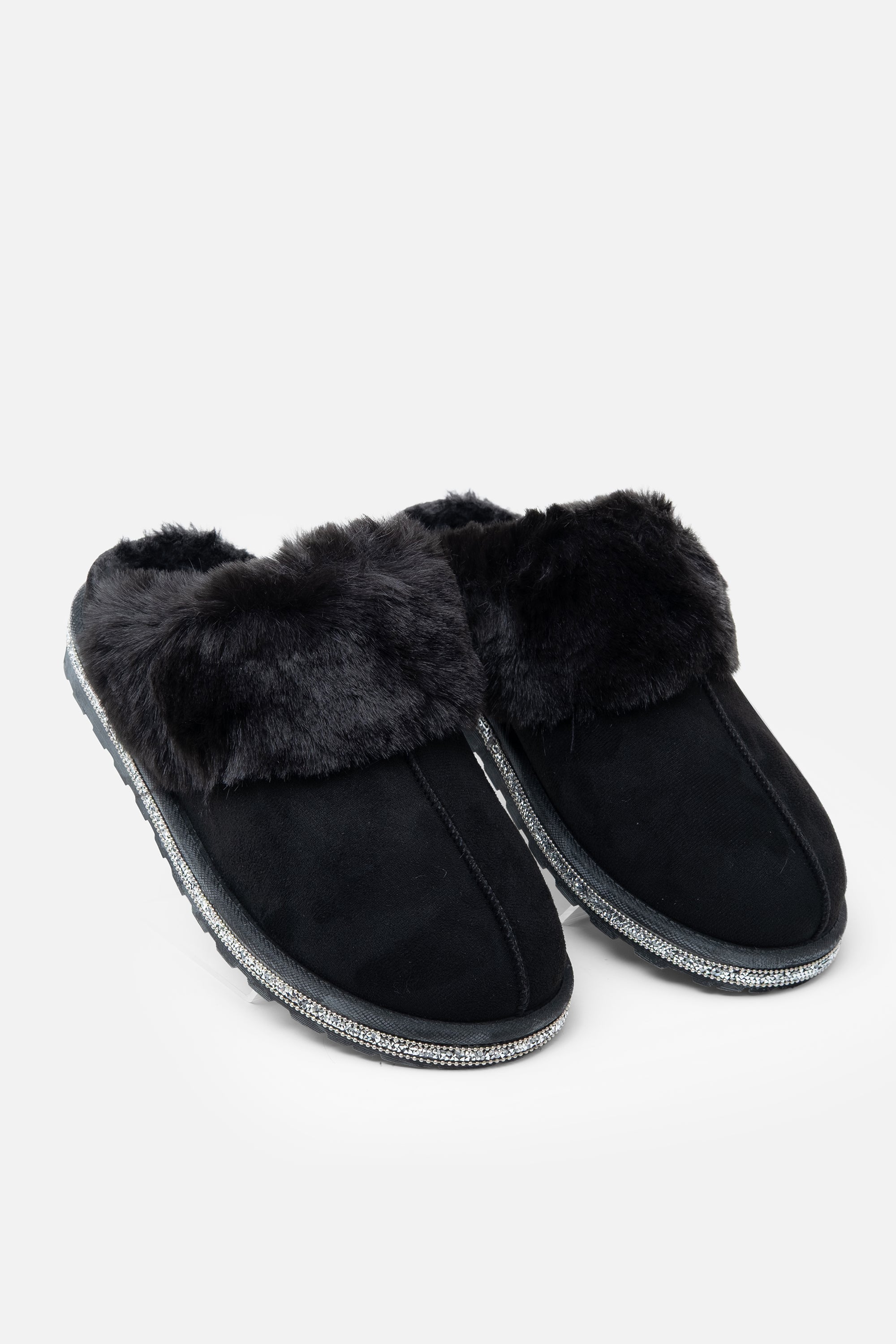 Sprankelende luxe snugg slippers in zwart met nepbont en kristallen rand. 5