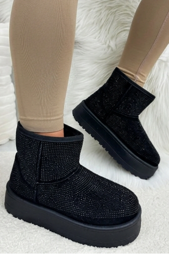 Sprankelende Rhinestone Snugg Mini Boots in zwart met platformzool 3