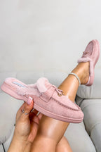 Luxe roze fluwelen instapmuilen met nepbont.