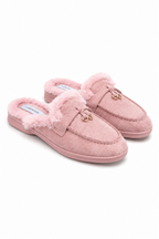 Luxe roze fluwelen instapmuilen met nepbont. 9